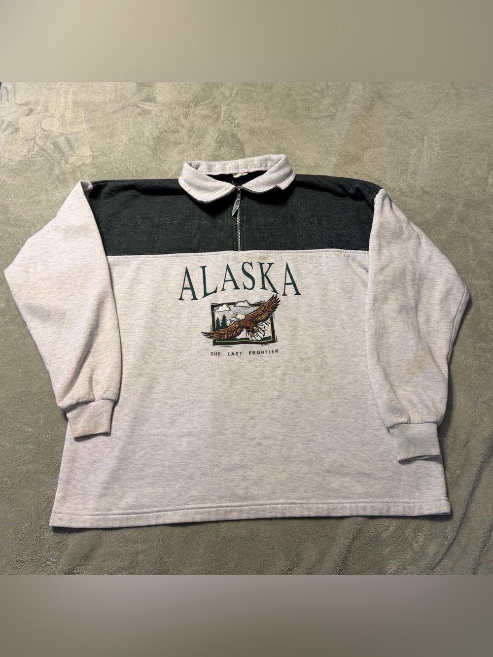 Vintage 90s Alaska Eagle Quarter Zip Pullover Sweatshirt Green Grey Size XXL